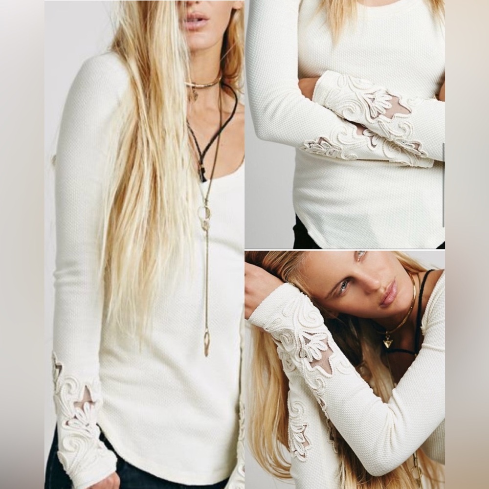 Free People Masquerade Cuff Thermal Long Sleeve Top in cream embroidered M